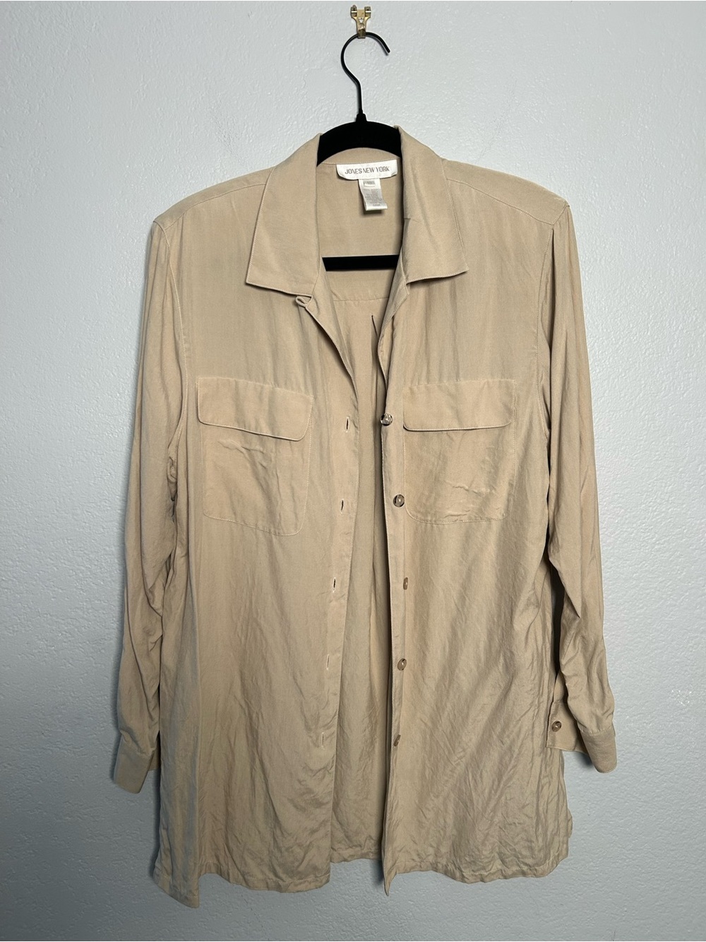 Vintage Silk Women's Tan Button Down Shirt with chest pockets M/L